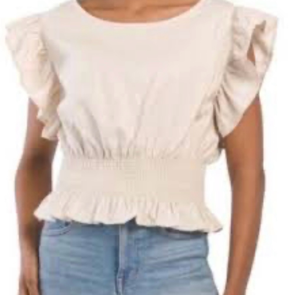 Cupcakes‎ and Cashmere Top LinenViscose Flutter Sleeve SmockedWaist Beige Small